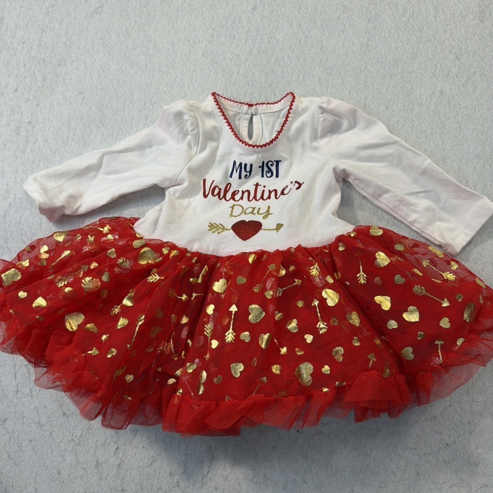 Koala First Valentines Dress 3-6 months Baby Girl Tutu Red‎ White GoldHearts EUC